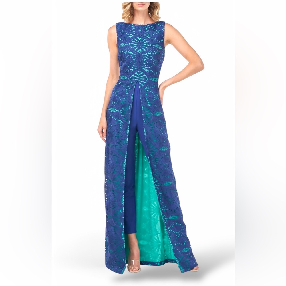 Kay Unger Blue & Teal Sequined Overlay Jumpsuit